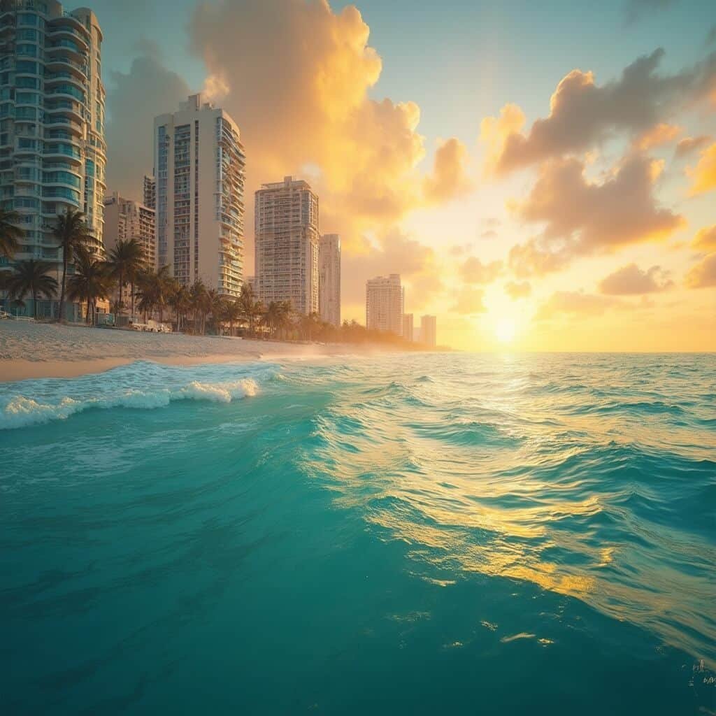 Golden sunrise over South Beach with turquoise Atlantic waters in foreground, Art Deco architecture, and morning sky in Miami