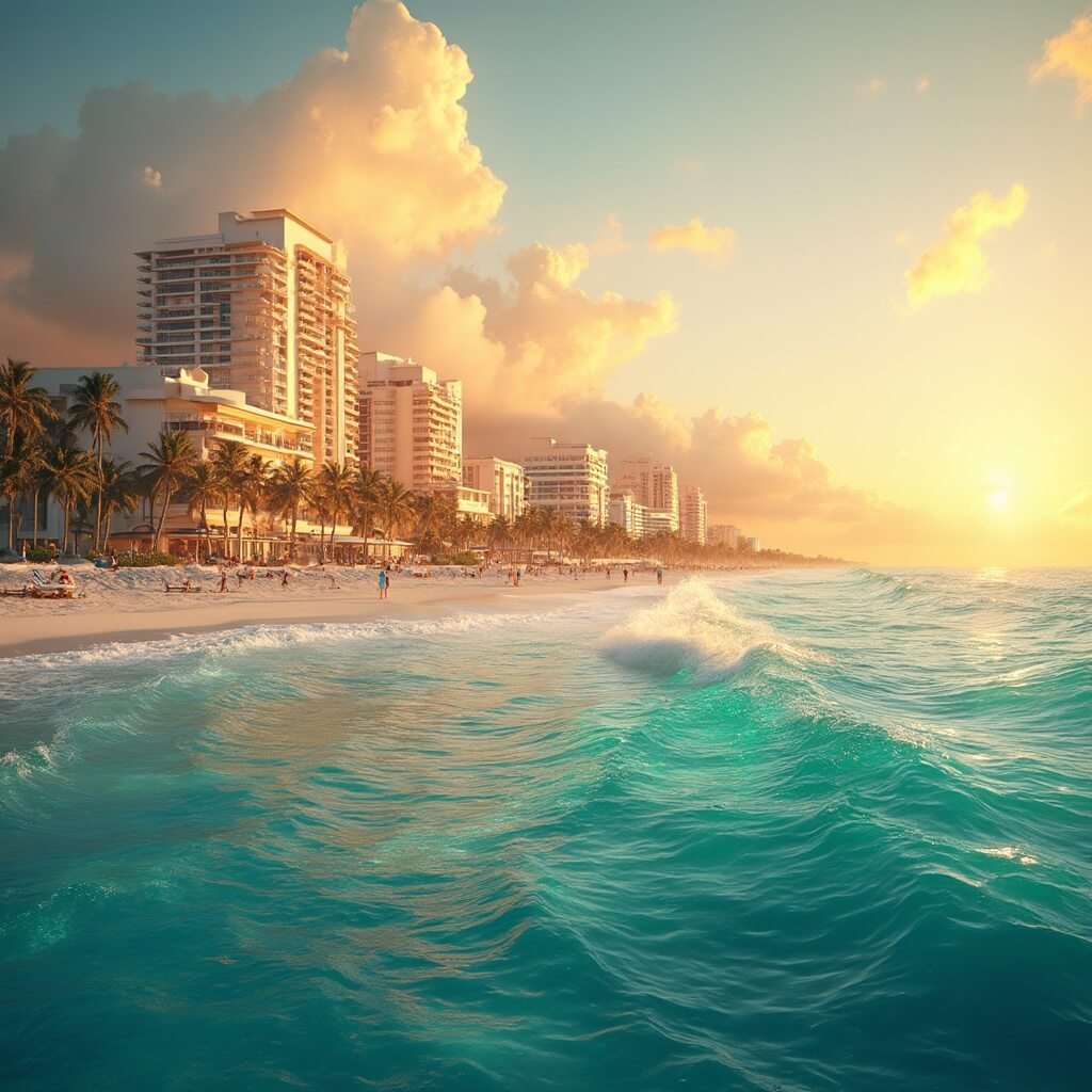 Photorealistic sunrise over South Beach, Miami highlighting Art Deco architecture and turquoise Atlantic waters