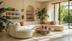 Modern Florida Home Interiors: How I Created a Cool, Breezy Paradise Without Looking Like a Beach Cliché A bright and inviting modern Florida living room featuring a curved beige sectional sofa, travertine floors, large potted palms, and brass pendant lights, with sliding glass doors opening to lush greenery and sheer linen curtains filtering sunlight.
