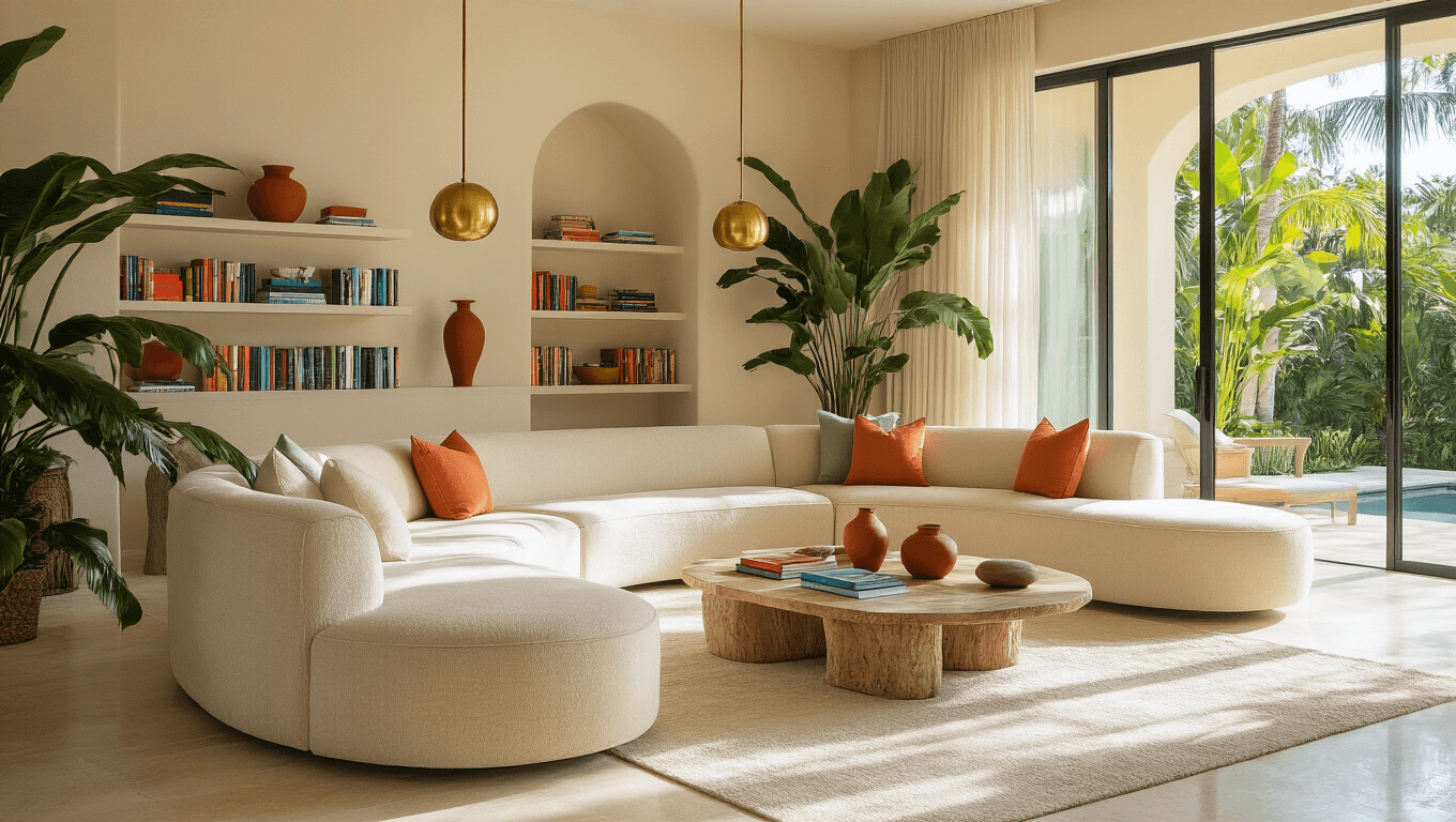 A bright and inviting modern Florida living room featuring a curved beige sectional sofa, travertine floors, large potted palms, and brass pendant lights, with sliding glass doors opening to lush greenery and sheer linen curtains filtering sunlight.