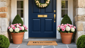 Spring Front Door Decor Ideas That'll Make Your Neighbors Stop and Stare Sophisticated spring front door entrance featuring a deep navy blue door, polished brass hardware, symmetrical terracotta planters with pink ranunculus and white hydrangeas, a moss and twig wreath, boxwood topiary balls, and natural stone flooring, all illuminated by warm golden hour lighting.