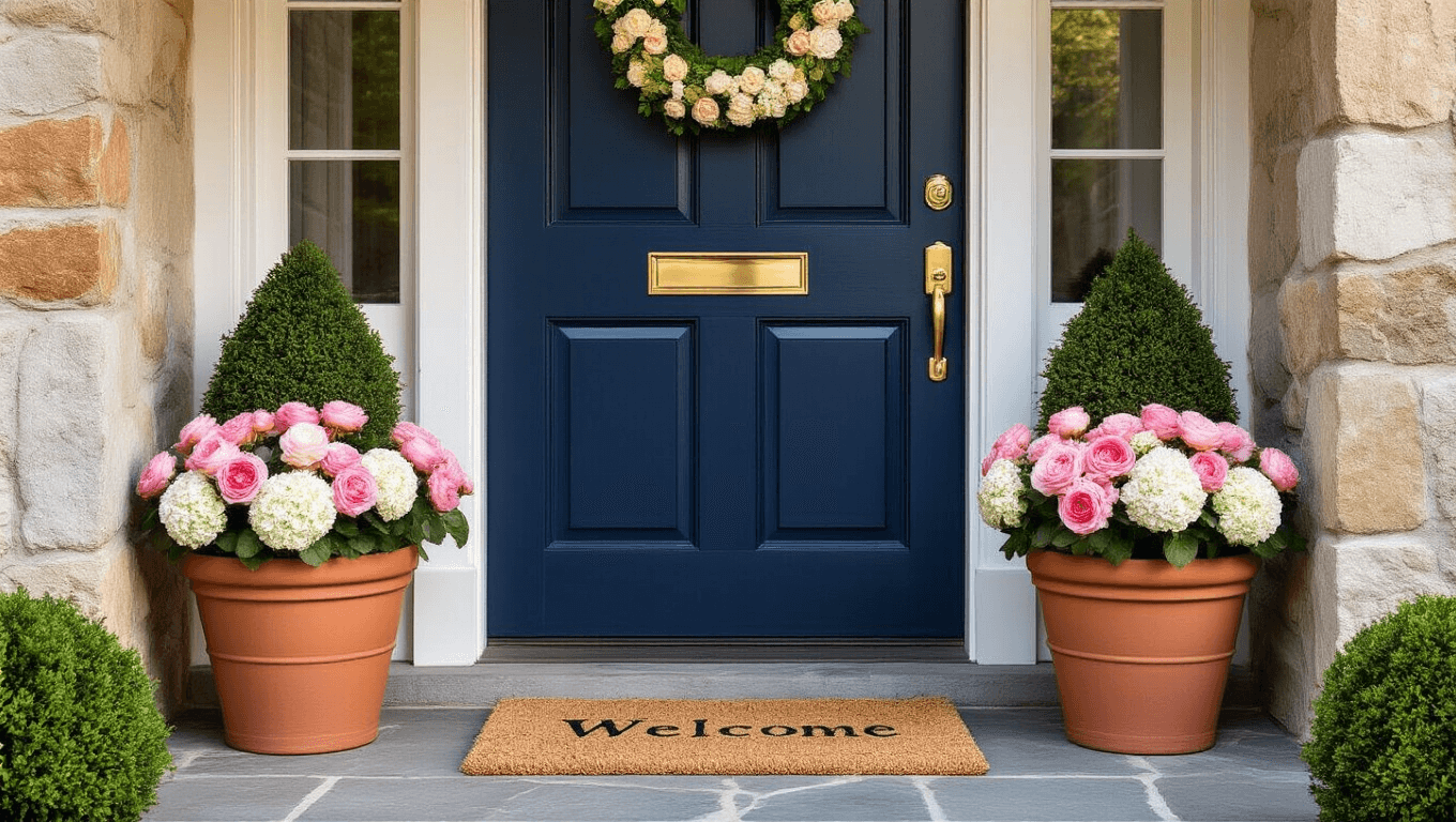 Sophisticated spring front door entrance featuring a deep navy blue door, polished brass hardware, symmetrical terracotta planters with pink ranunculus and white hydrangeas, a moss and twig wreath, boxwood topiary balls, and natural stone flooring, all illuminated by warm golden hour lighting.