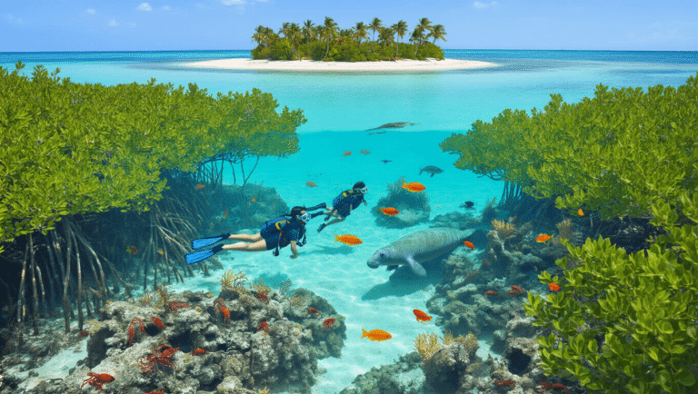 "Snorkelers exploring the clear turquoise waters of Lake Worth Lagoon at Peanut Island, surrounded by colorful tropical fish, lobsters, manatees, artificial reefs, and lush green mangroves."