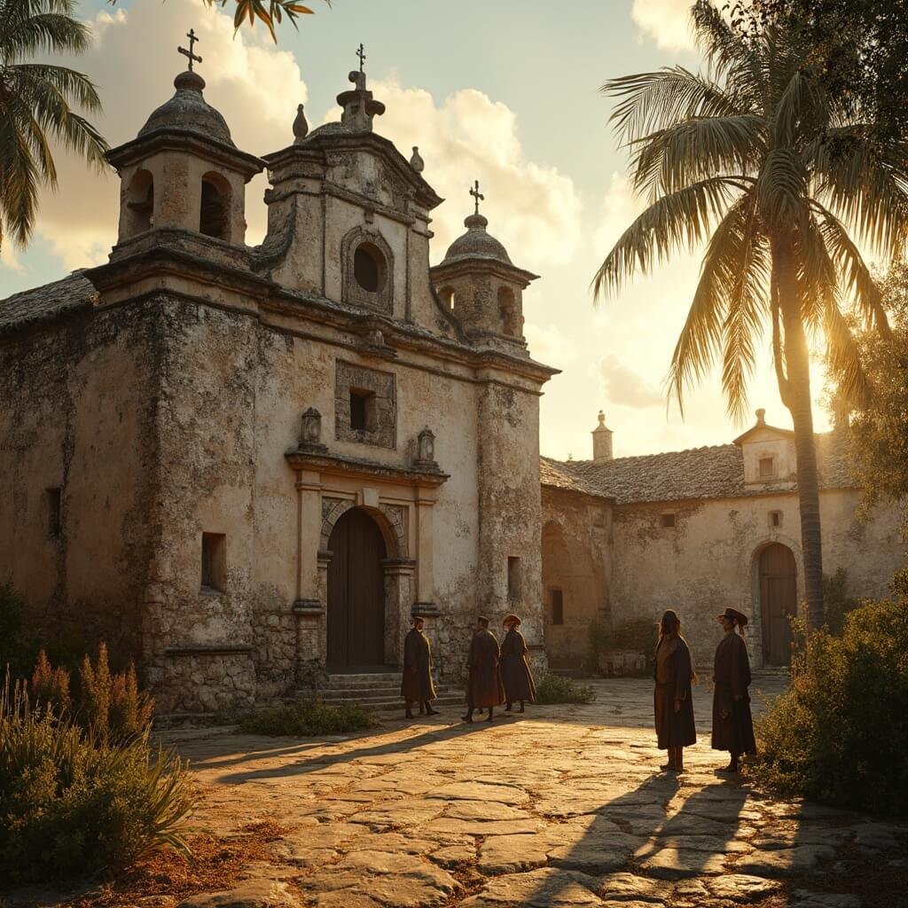 Hyper-realistic historical Spanish colonial mission at golden hour with weathered cypress wood, palm thatch roofing, and coquina stone foundations, including authentic 16th-century construction and Spanish exploration era costumes.