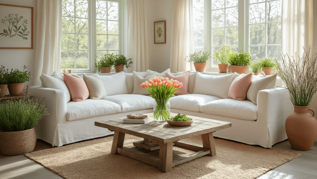 Spring Home Decor That Actually Makes Your Space Feel Alive (Without Breaking the Bank) Cinematic view of a sunlit modern farmhouse living room with white linen sectional, pastel throw pillows, and vibrant tulips in a glass vase, surrounded by potted herbs, reclaimed wood coffee table, and a cozy spring ambiance in soft morning light.