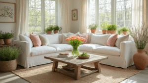 Spring Home Decor That Actually Makes Your Space Feel Alive (Without Breaking the Bank) Cinematic view of a sunlit modern farmhouse living room with white linen sectional, pastel throw pillows, and vibrant tulips in a glass vase, surrounded by potted herbs, reclaimed wood coffee table, and a cozy spring ambiance in soft morning light.