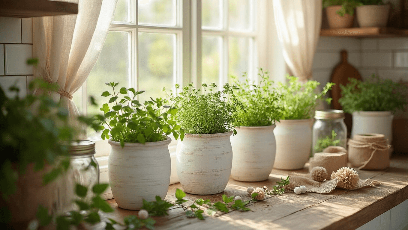 Close-up of a farmhouse kitchen windowsill with whitewashed terracotta planters filled with herbs and ivy, mason jars with spring branches, pastel coffee filter flowers, craft supplies, and soft golden hour lighting highlighting textures and greenery.