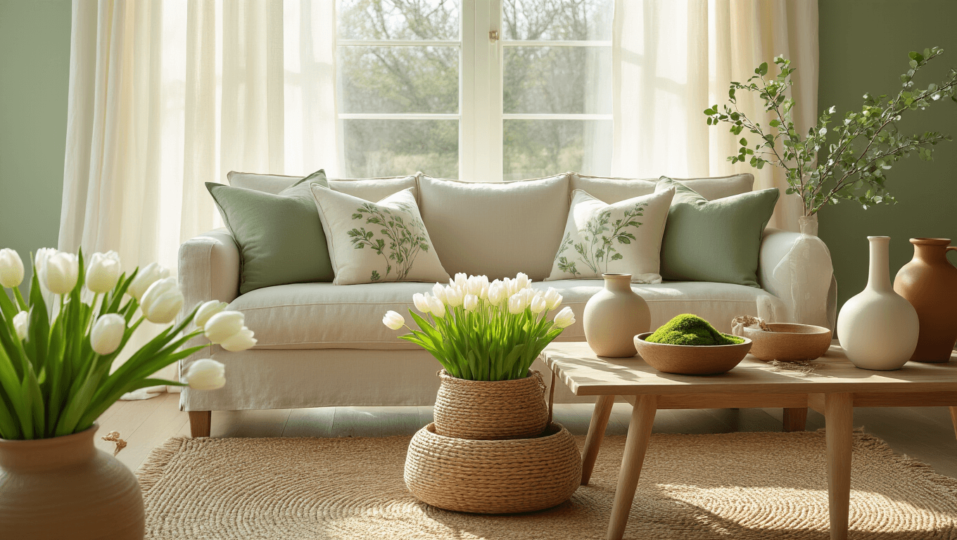 A sunlit living room with sage green walls, featuring a linen sofa with pastel botanical pillows, a wooden coffee table with a woven basket of white tulips and eucalyptus, sheer ivory curtains, a textural jute rug, ceramic vases with greenery, and preserved moss in wooden bowls, all captured in a warm, spring atmosphere.