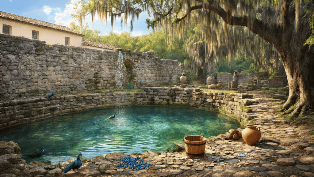 The Fountain of Youth: Where History, Legend, and Adventure Collide in St. Augustine "Mystical freshwater spring surrounded by stone walls, Spanish colonial architecture, cypress trees, roaming peacocks and archaeological artifacts at the Fountain of Youth Archaeological Park in St. Augustine."