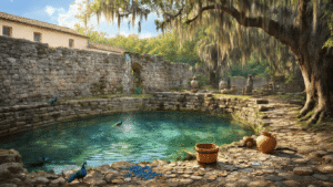 "Mystical freshwater spring surrounded by stone walls, Spanish colonial architecture, cypress trees, roaming peacocks and archaeological artifacts at the Fountain of Youth Archaeological Park in St. Augustine."