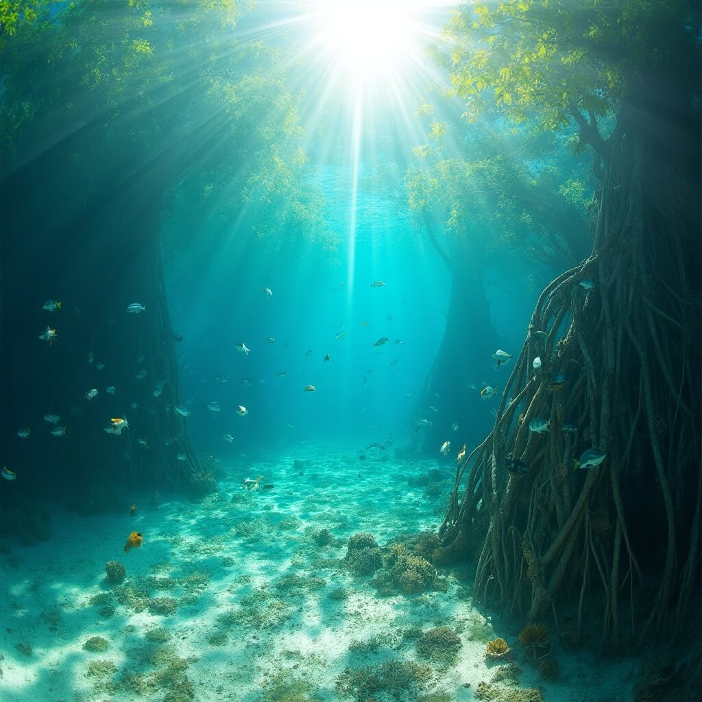 Underwater photography of Peanut Island's eastern lagoon showcasing mangrove roots, colorful reef fish, vibrant marine ecosystem, and sandy seafloor in 8K resolution