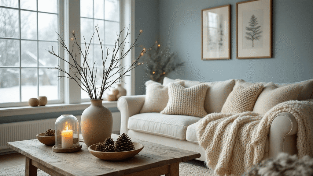 How to Decorate Your Home for Winter Without a Single Christmas Ornament Cinematic shot of a cozy winter living room with soft blue-gray walls, a cream linen sofa adorned with chunky oatmeal knit throws, birch branches in a ceramic vase with warm string lights, and pinecones in wooden bowls on a reclaimed coffee table, all illuminated by flickering battery-operated candles and natural light filtering through frost-covered windows.