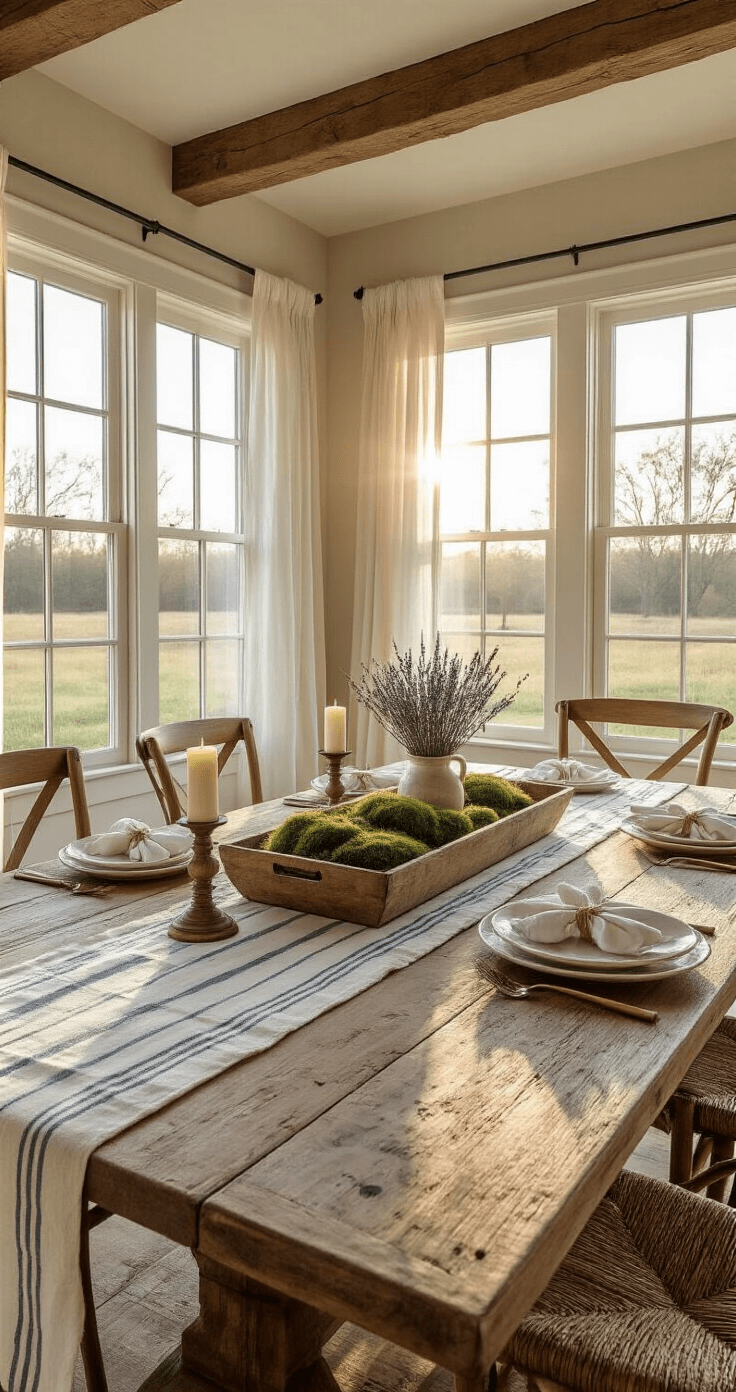 Photorealistic farmhouse dining room at golden hour, featuring a reclaimed wood table with a weathered table runner, natural moss centerpiece, speckled ceramic eggs, cream pillar candles, and vintage flour sack linens, all illuminated by warm sunlight streaming through sheer curtains.
