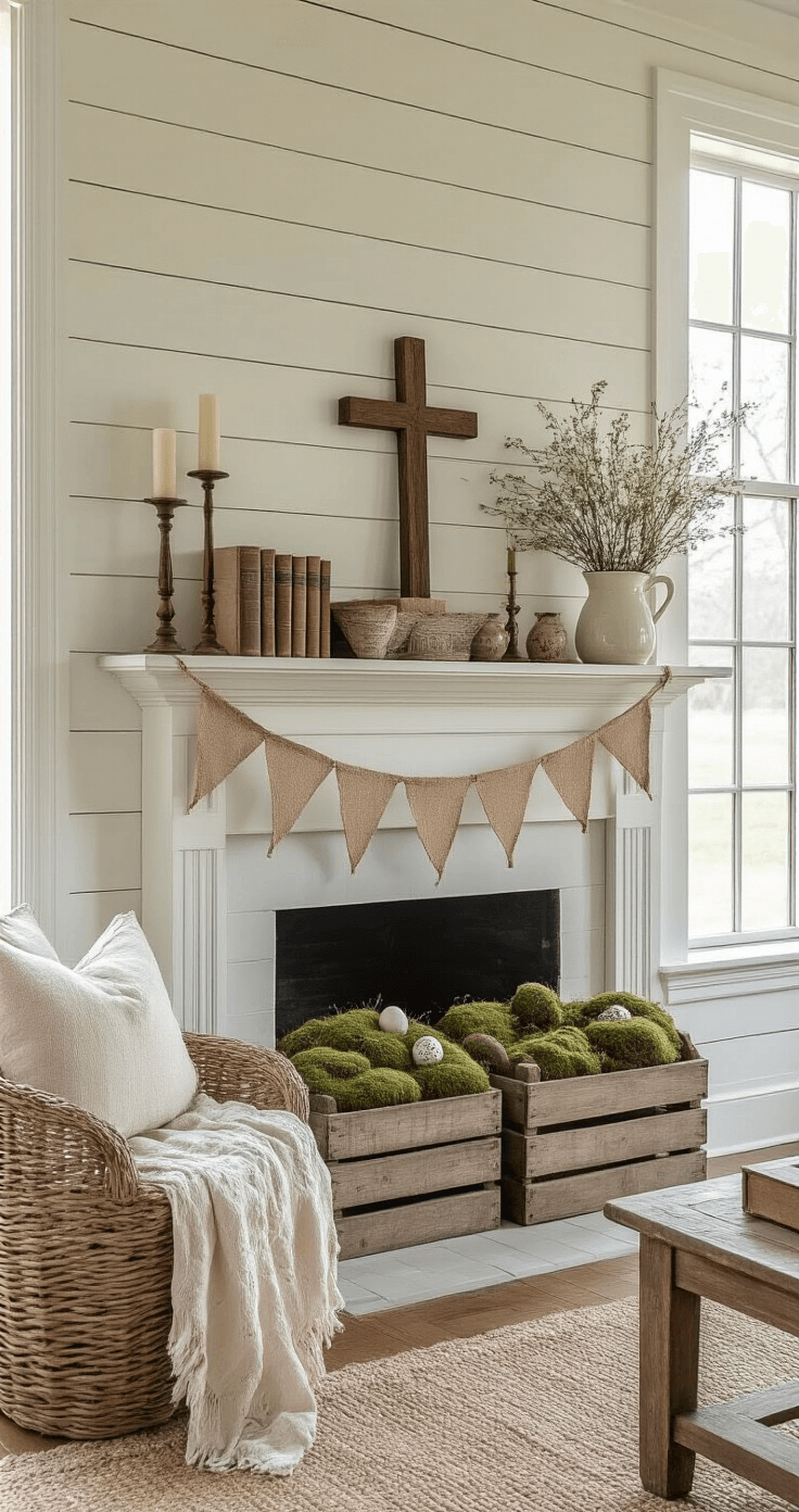 A photorealistic living room mantelpiece showcasing a rustic display with burlap bunting, a hand-carved wooden cross, vintage hymnals, asymmetrically arranged weathered crates filled with moss and speckled eggs, a cream ceramic pitcher with dried wildflowers, and aged brass candlesticks, all bathed in warm, diffused afternoon light.