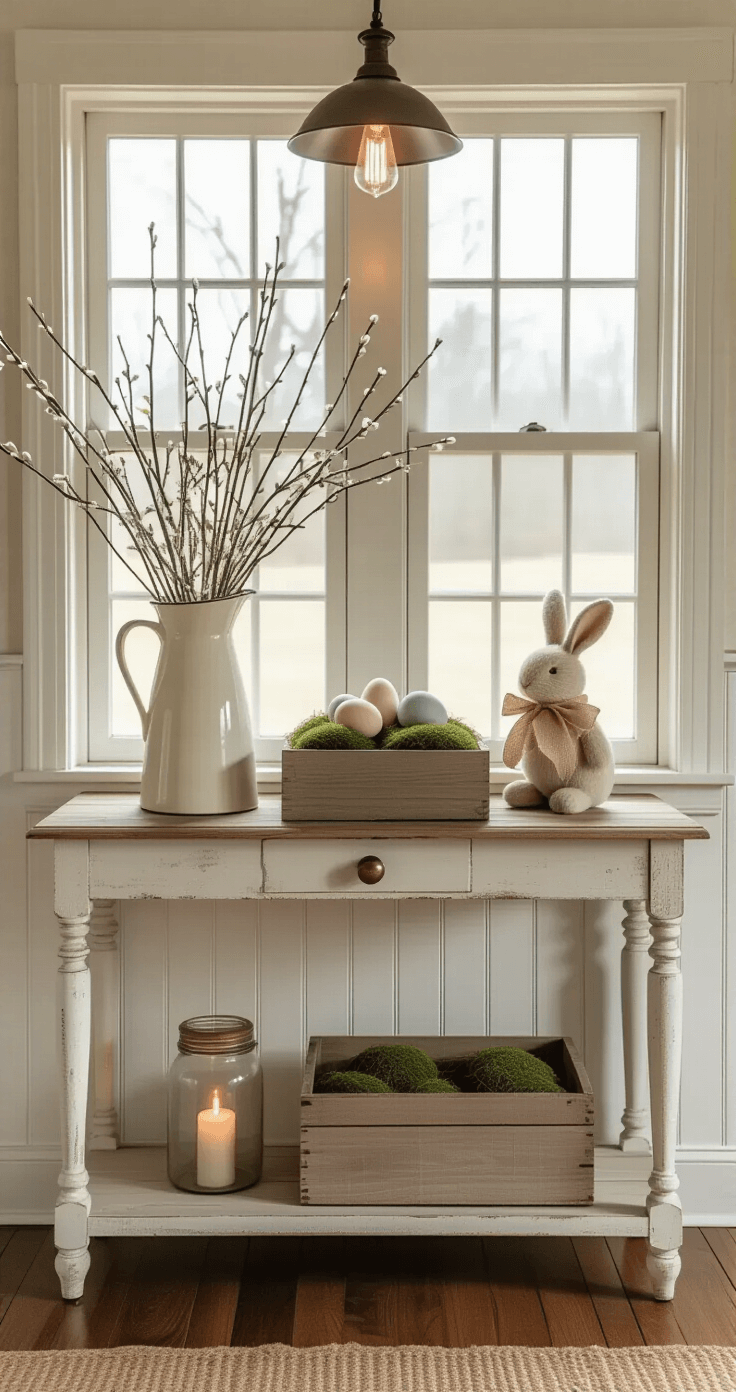 A photorealistic farmhouse entryway vignette in warm evening light, featuring distressed white wainscoting, hardwood floors, and a vintage wooden console table adorned with primitive Easter decor—cream pitcher with pussy willows, weathered wooden box with moss and hand-painted eggs, and a handmade fabric bunny. A grain sack runner lays beneath, with a mason jar tea light candle, and vintage brass key hooks adorned with burlap ribbon bows above. The scene is softly illuminated by an overhead pendant fixture with an Edison bulb, creating a welcoming atmosphere of natural wood tones and muted earth colors.