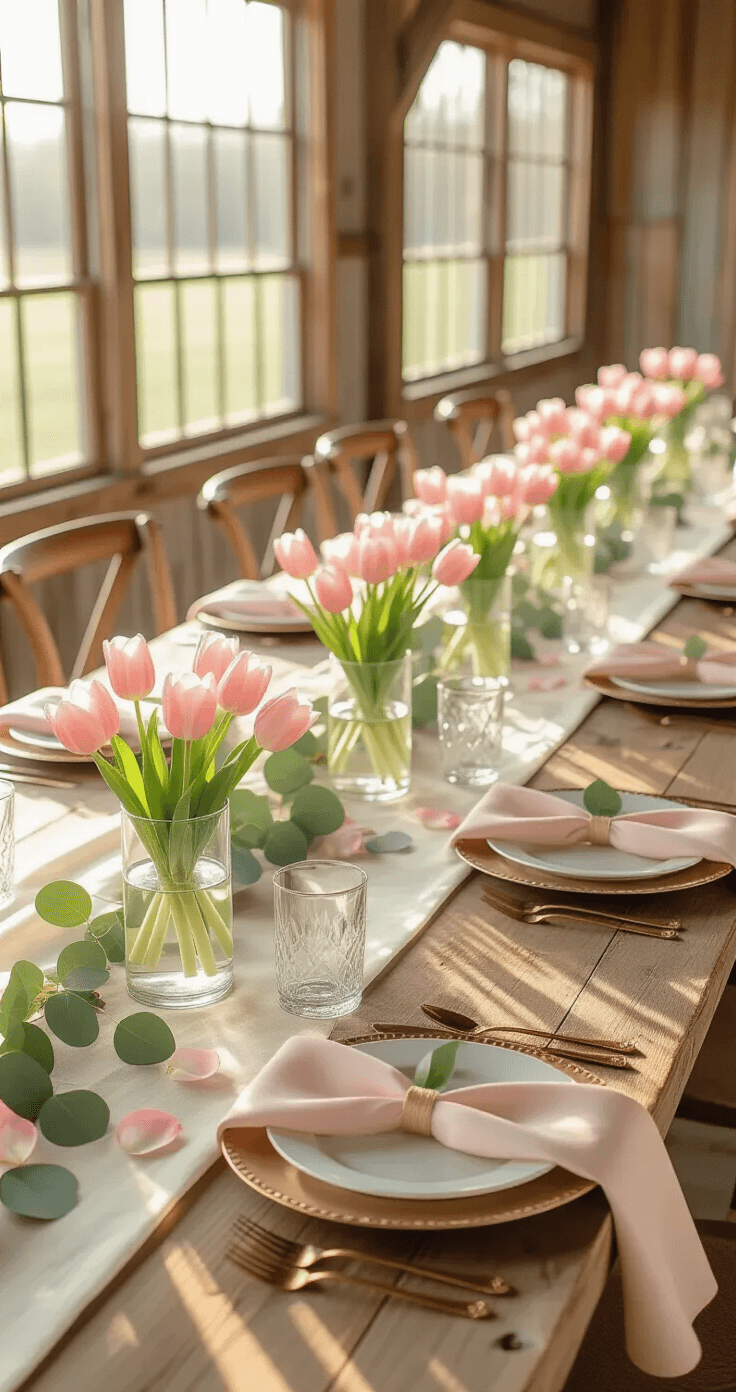 Photorealistic overhead view of a rustic wedding reception table featuring single-stem pink tulips in clear vases, illuminated by golden hour light. The table is dressed with ivory linen runners, eucalyptus garlands, blush napkins, gold-rimmed charger plates, and scattered cream and dusty pink rose petals. Soft-focused background with other tables enhances the intimate garden party vibe.