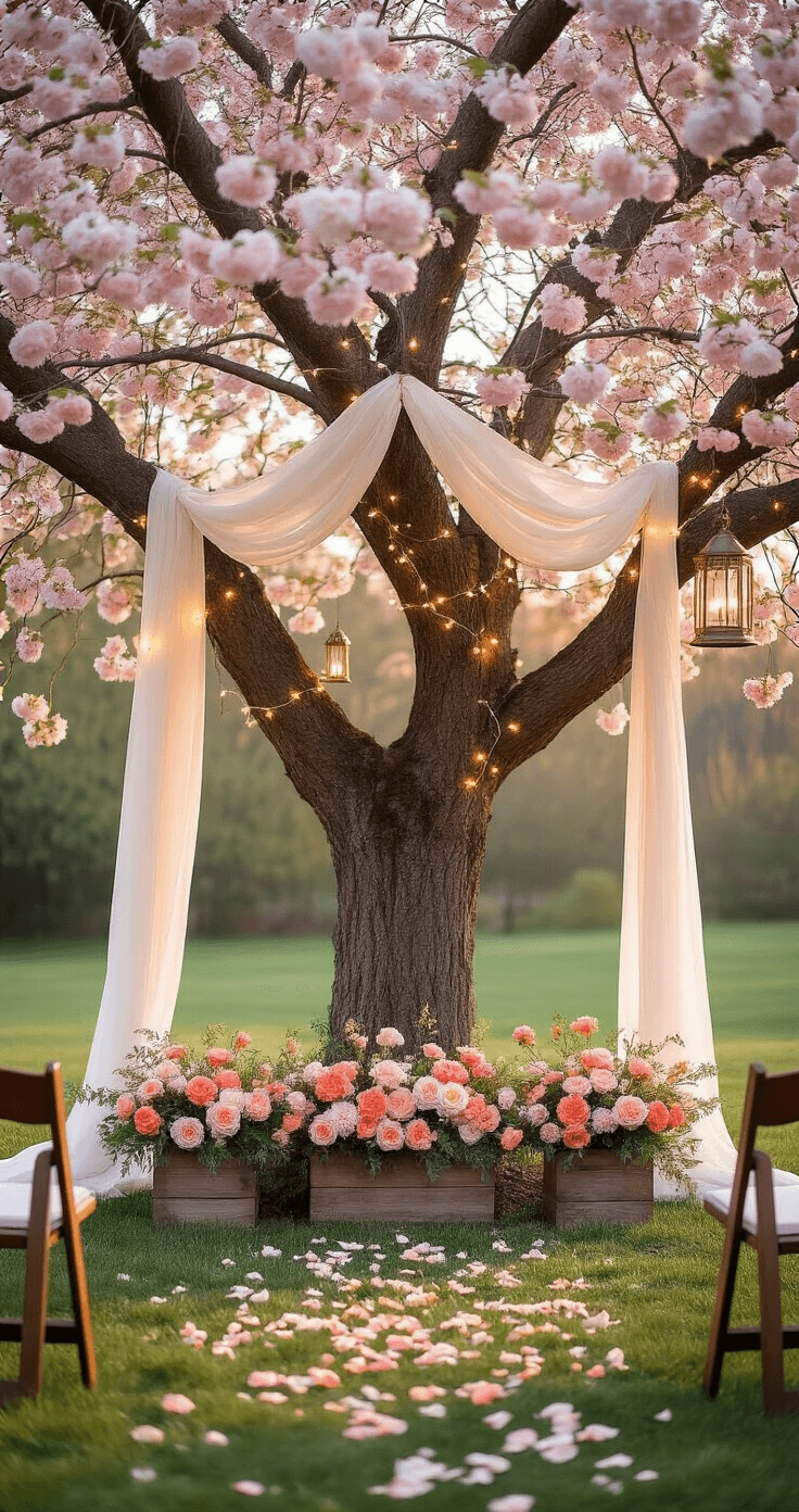 A picturesque outdoor wedding ceremony featuring a blooming cherry tree as the altar, adorned with white fabric drapes and string lights, surrounded by coral and peach peonies in rustic planters, vintage lanterns, and dusty blue ribbon streamers, set against a manicured lawn with rose petal aisles, all bathed in soft golden hour lighting.
