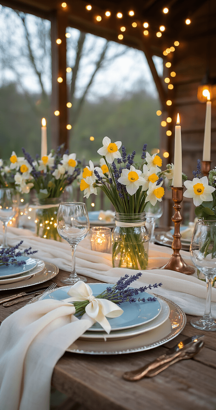 Elegant tablescape at blue hour featuring dusty blue and ivory place settings with cream bone china and silver chargers, adorned with lavender sprigs and ivory silk ribbons, mason jar centerpieces with fairy lights, daffodils, eucalyptus, and soft candlelight ambiance.