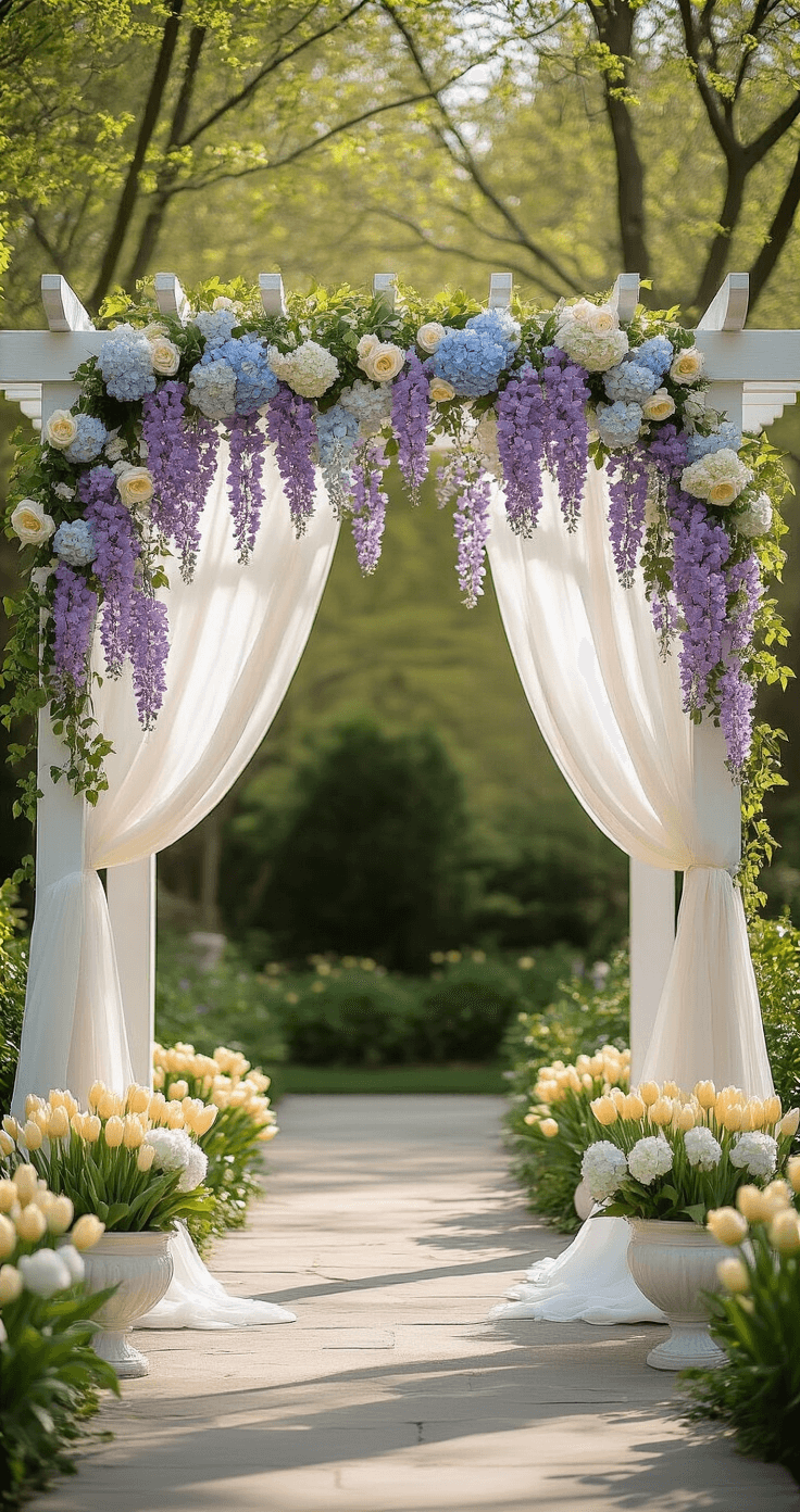 A whimsical ceremony arch featuring cascading artificial wisteria vines, adorned with hydrangeas and roses, draped in chiffon fabric, set in a garden with filtered sunlight and blurred greenery.