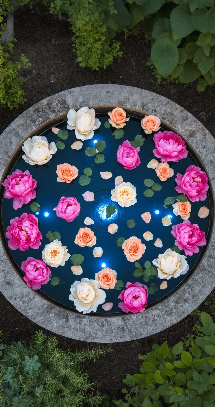 Magical overhead view of a circular water fountain at twilight, featuring floating pink peonies, cream roses, and coral garden roses, with mint green eucalyptus leaves. Submerged LED lights create an ethereal blue glow on the dark water surface, surrounded by weathered stone edges and small potted herbs.