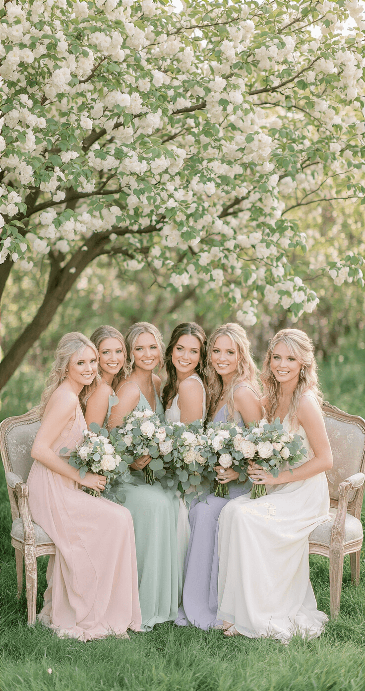 Elegant bridal party portrait featuring six bridesmaids in pastel dresses, each with coordinating bouquets, set against a blooming spring garden backdrop with soft bokeh, vintage wooden furniture, and ethereal natural lighting.