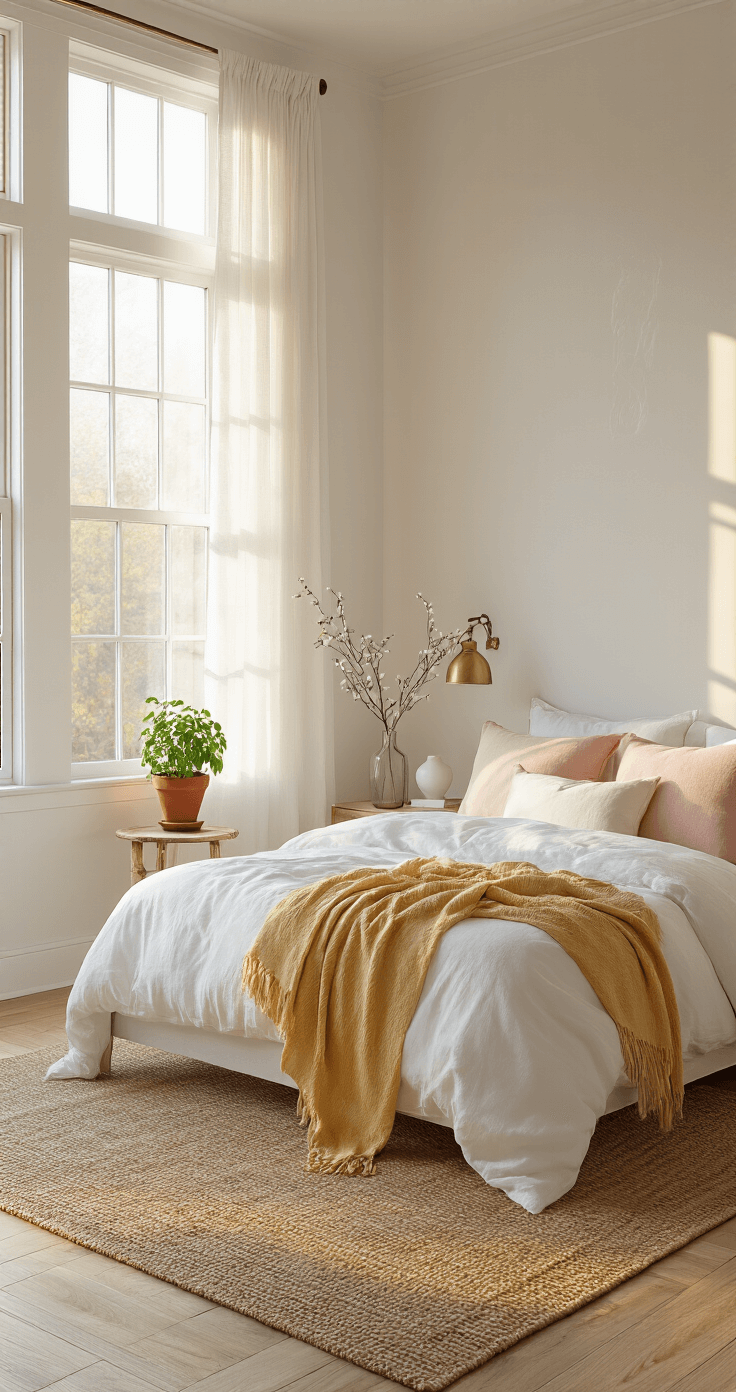 Photorealistic image of a spacious 14x12 feet bedroom at golden hour, featuring tall windows with white trim, sheer linen curtains, a queen bed with white cotton coverlet and blush pink pillows, a vintage brass bedside table with terracotta pot, and a natural jute area rug, all illuminated by soft afternoon sunlight.