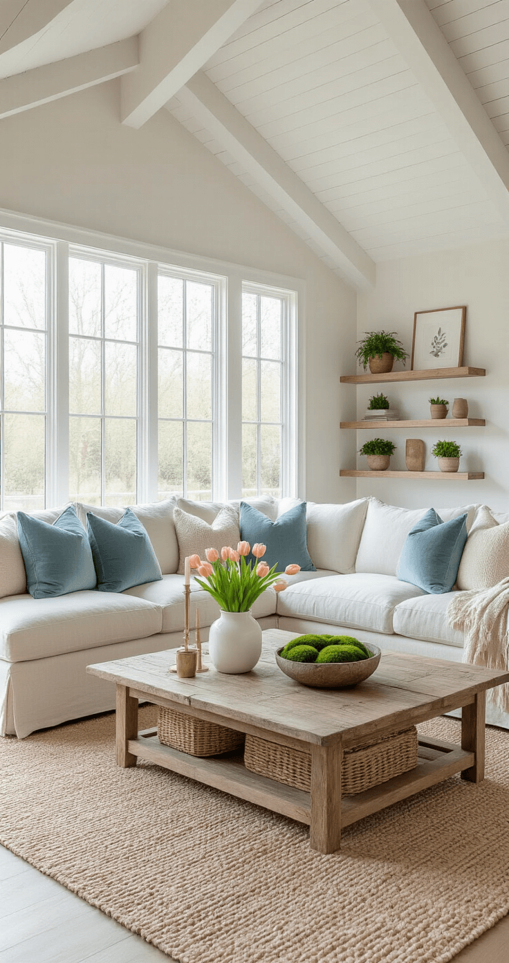 Photorealistic living room featuring a cream-colored sectional sofa with blue pillows, reclaimed wood coffee table adorned with a glass bowl of moss, tulips, and brass candlesticks, all bathed in natural light from large windows, complemented by vaulted ceilings and exposed beams.