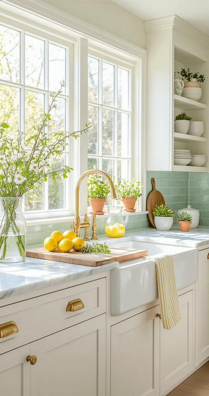 Photorealistic kitchen interior with a marble waterfall island, bright morning light, white shaker cabinets with gold hardware, mint green subway tile backsplash, and decorative touches including fresh lemons, herbs, and flowers, creating a bright and airy culinary space.