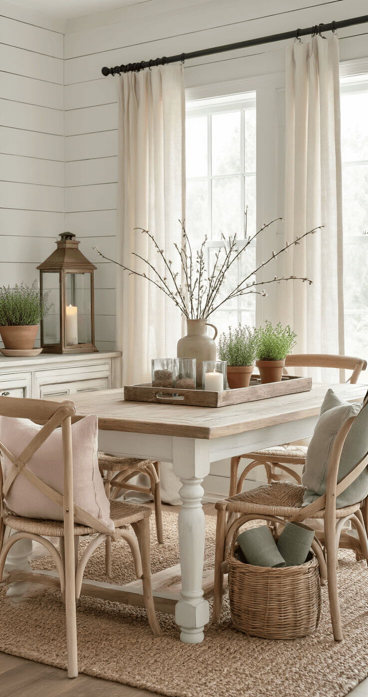 Photorealistic farmhouse dining room with warm white shiplap walls, rustic wooden table surrounded by soft blush rush-seat chairs, and natural light streaming through linen curtains. Centerpiece features glass votive holders, potted herbs, and pussy willow branches, complemented by a vintage brass lantern on a distressed console table. A woven basket holds sage green linen napkins, creating an inviting spring atmosphere.