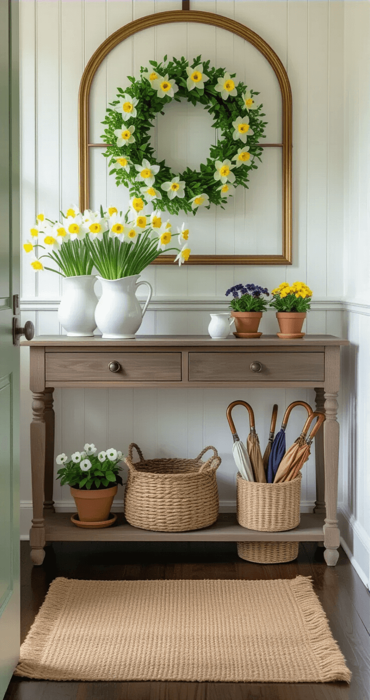 Photorealistic entryway of a traditional home featuring dark hardwood floors and white wainscoting, illuminated by soft morning light. A weathered wood console table styled with a spring wreath of daffodils, a white ceramic pitcher with flowering cherry branches, and potted pansies in terracotta containers. A vintage brass mirror reflects the natural light, while a jute runner leads to a sage green front door. A woven basket below holds umbrellas and lightweight scarves in neutral tones, creating a welcoming spring vignette.