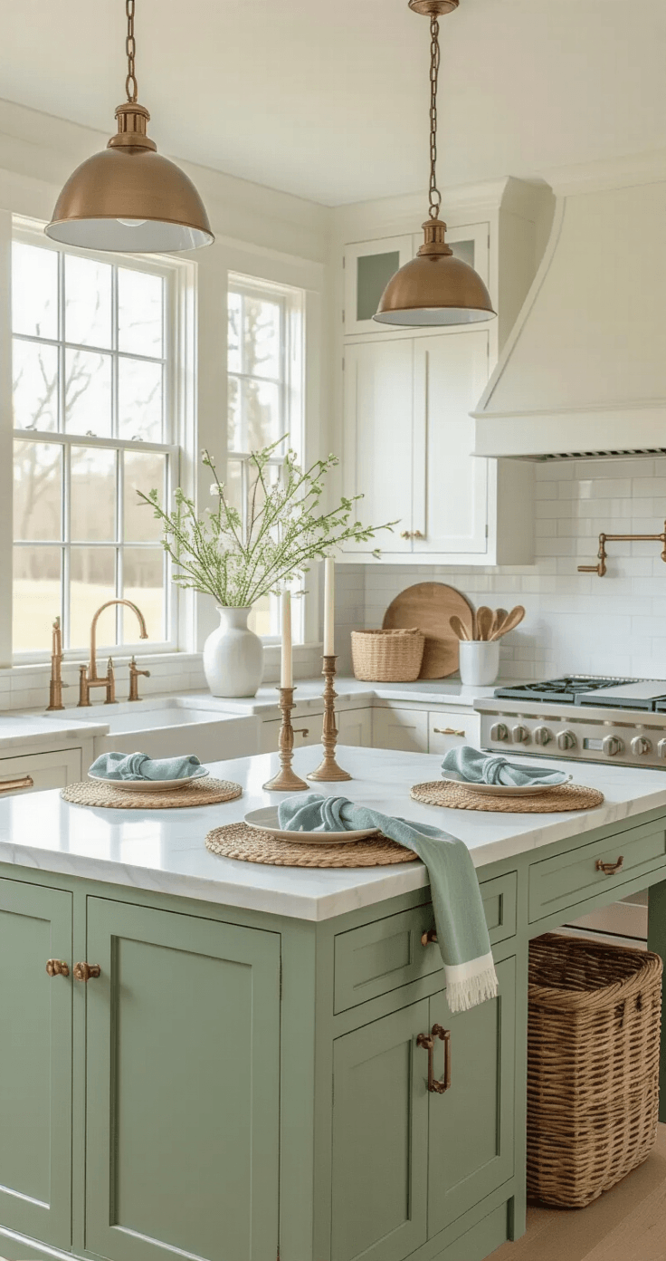 Photorealistic interior of a bright spring kitchen featuring a sage green island, white shaker cabinets, and marble countertops, illuminated by golden hour light from west-facing windows, with natural decor elements and a fresh airy atmosphere.