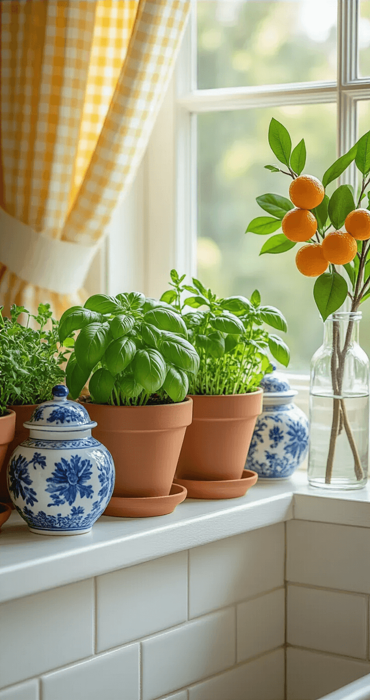 Close-up view of a kitchen windowsill herb garden with terra cotta pots of basil, mint, and thyme, soft afternoon light filtering through pale yellow check cafe curtains. Three blue and white chinoiserie ginger jars and a clear glass vase with faux tangerine branches are included, set against a blurred background of white subway tiles and brass window hardware.