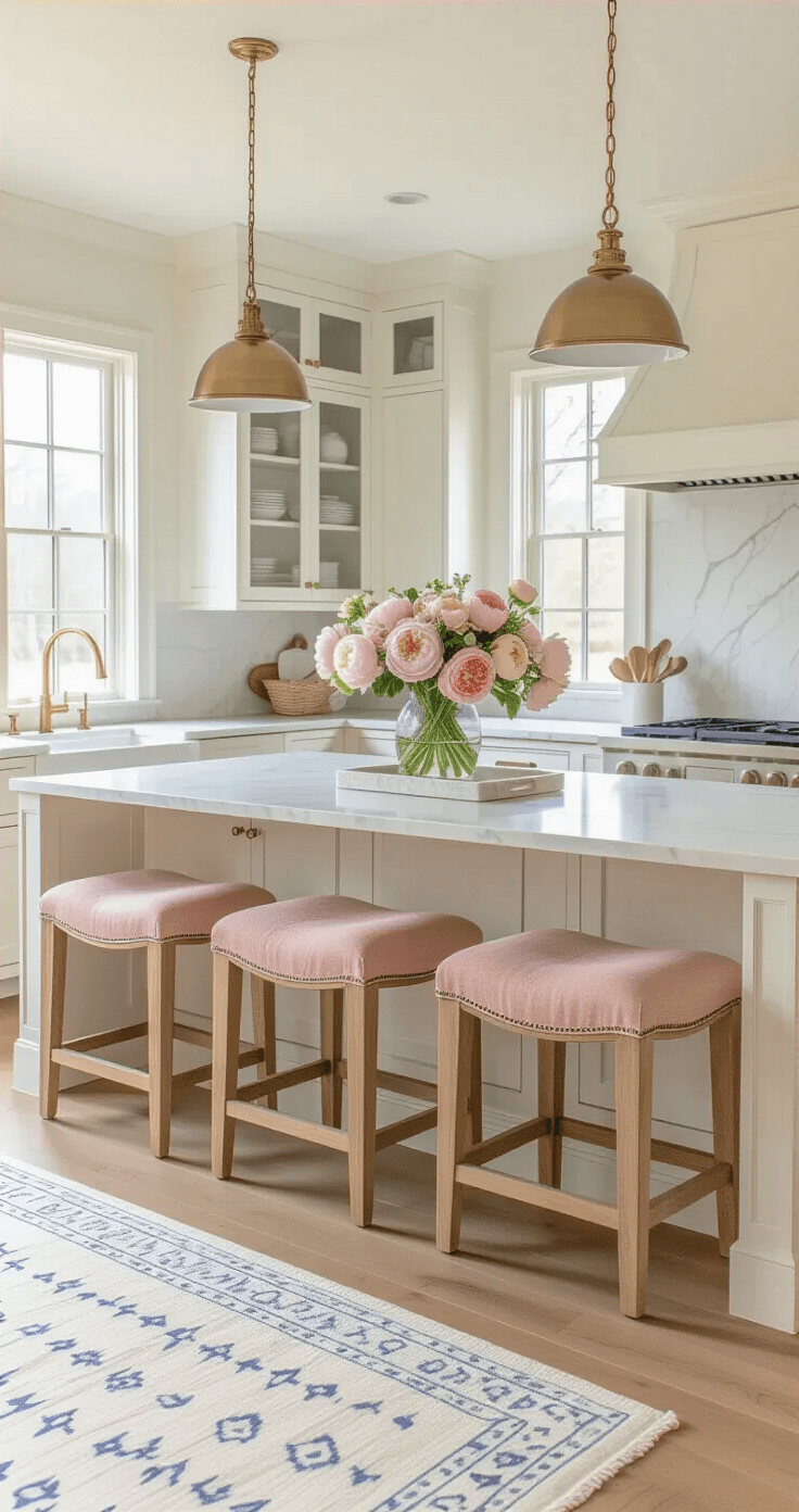Wide angle interior photograph of a stylish open concept kitchen dining area, featuring white cabinetry and spring accents of butter yellow and dusty rose, with a floral arrangement on a marble island, late morning light, light oak hardwood floors, and layered textures for a sophisticated yet welcoming atmosphere.