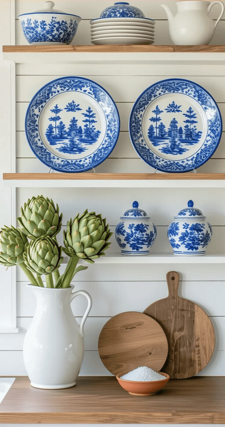 Detailed shot of open kitchen shelving featuring blue and white decorative elements, including vintage Delft-style plates, ginger jars, a ceramic pitcher with artichokes, a terra cotta dish with sea salt, and weathered wooden breadboards, all against a white shiplap wall.