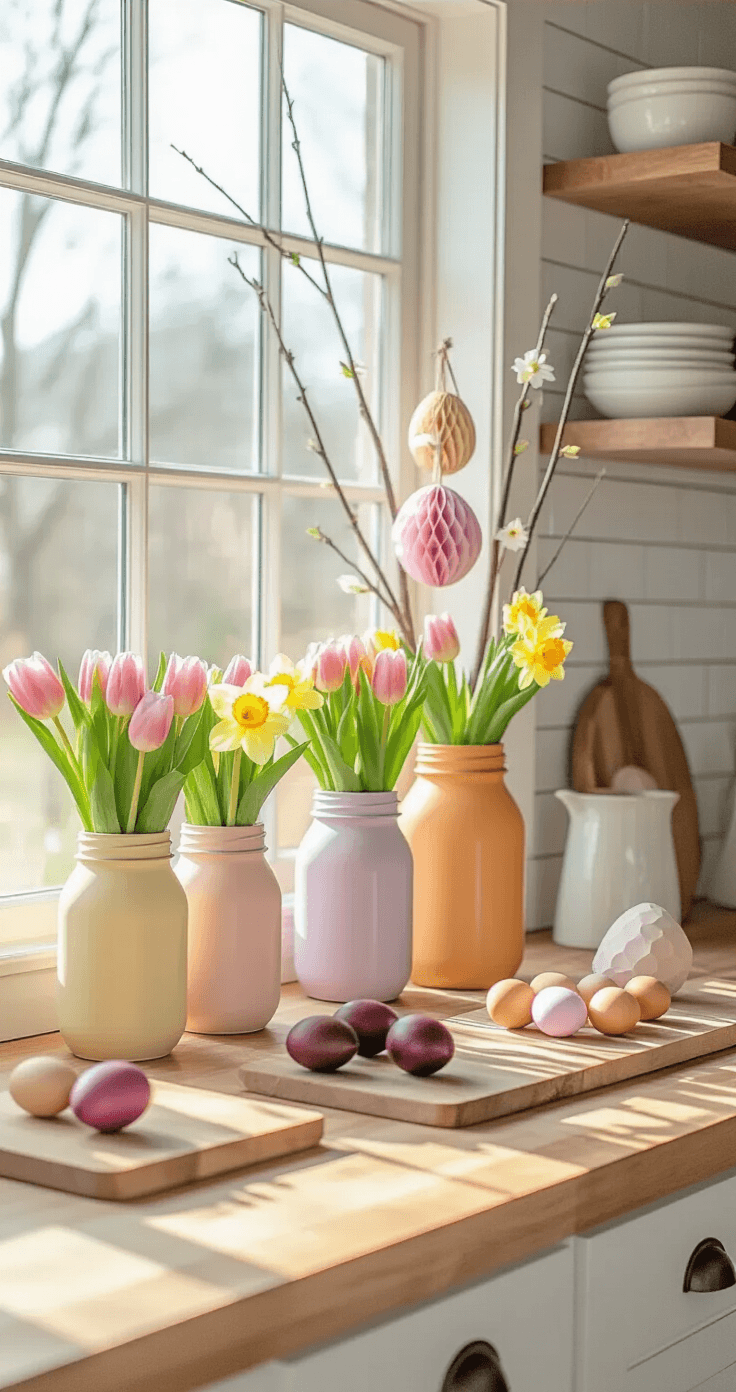 Cozy kitchen filled with DIY Easter egg decorations in soft natural light, featuring wooden countertops with painted mason jars of spring flowers, hanging paper honeycomb eggs, natural dye stations with earthy-toned eggs, and a white subway tile backsplash.