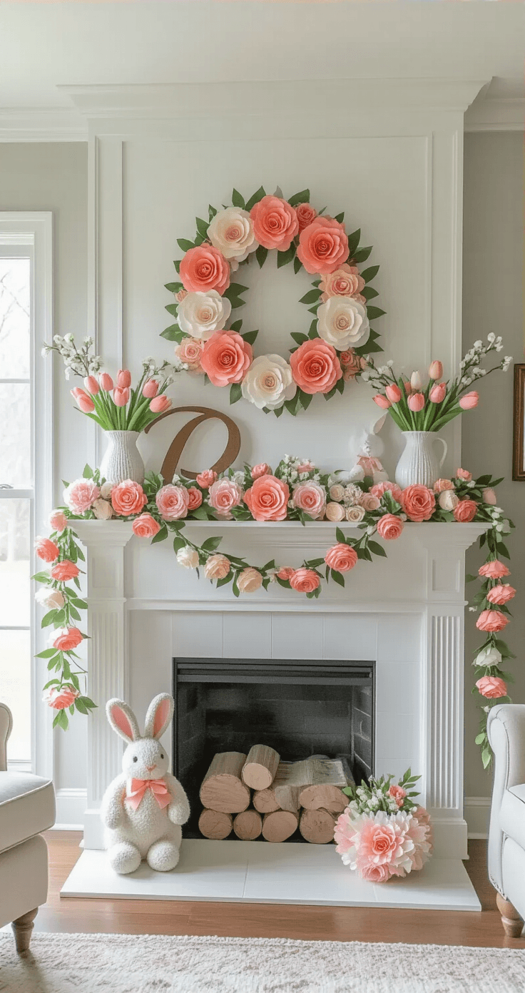 Brightly decorated living room mantel adorned with DIY Easter garlands, accordion paper flowers in coral, peach, and cream, and a floral bunny garland. A large wooden monogram letter with pastel tulips stands as the centerpiece, complemented by neutral linen furniture and gray walls. Pom-pom bunny wreaths hang on French doors, all captured in soft afternoon light.