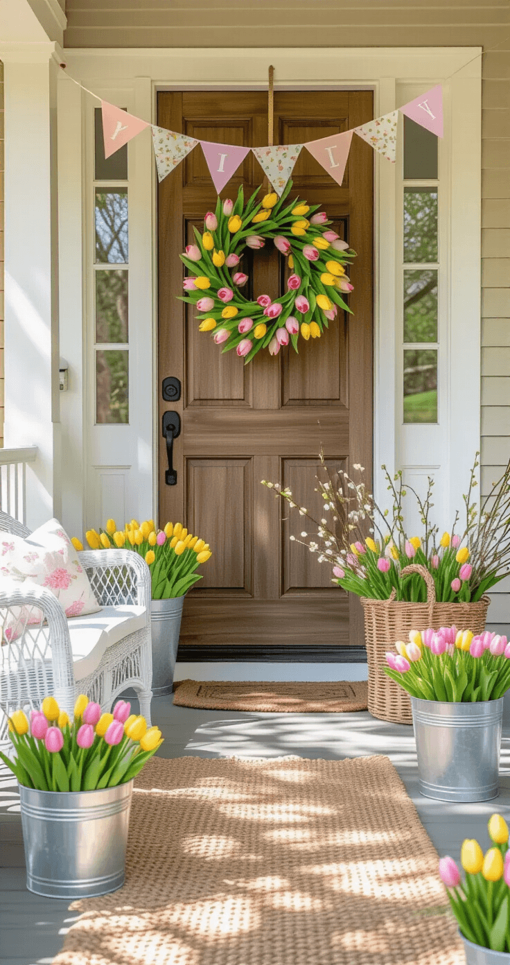 Charming front porch adorned with a tulip basket wreath, spring bulbs, pastel Easter banners, vintage galvanized buckets, and white wicker furniture, captured in dappled late morning sunlight.