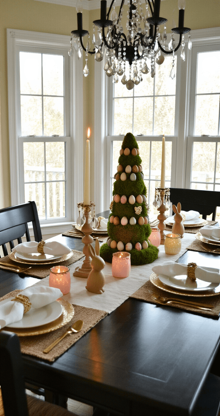A sophisticated dining room table setting with a dark wood table, featuring an Easter egg topiary centerpiece, wood bead bunny napkin rings, white linens, and gold-rimmed plates. Ombre pink mason jar votive holders and eggshell candles in antique brass cups provide atmospheric lighting. Black Windsor chairs and a crystal chandelier add elegance, captured during early evening with warm candlelight.