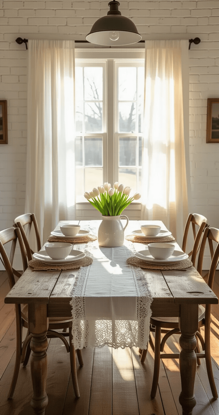 Photorealistic wide-angle view of a rustic farmhouse dining room during golden hour, featuring a weathered wood table with an ivory lace runner and mismatched ceramic pots of white tulips, surrounded by vintage chairs against exposed brick walls.