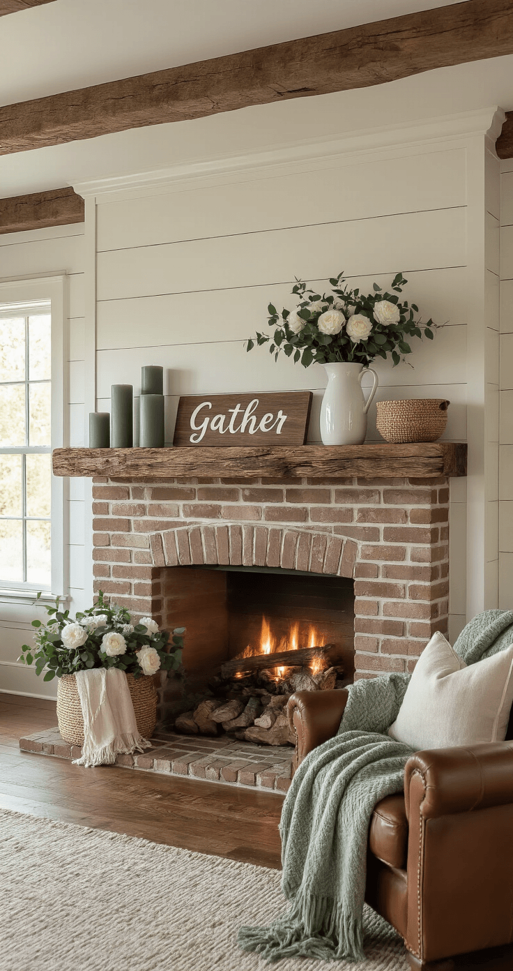 Cozy fireplace mantel scene at dusk with warm lighting, showcasing a rustic living room with exposed beams and shiplap walls, featuring gray pillar candles, a vintage pitcher with eucalyptus and peonies, a natural fiber bowl, and a 'Gather' sign against a brick fireplace, complemented by cream and sage green throw blankets over a leather armchair.