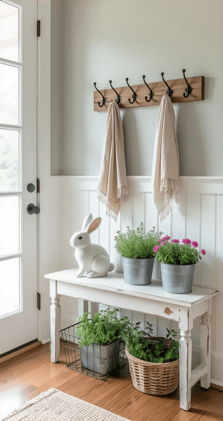 Bright farmhouse entryway with a glass-paneled front door, white wainscoting, gray upper walls, reclaimed wood coat rack with linen scarves, distressed bunny decoration, galvanized metal planters with pink flowers and herbs, and a wire basket on oak hardwood floor, viewed from a low angle.
