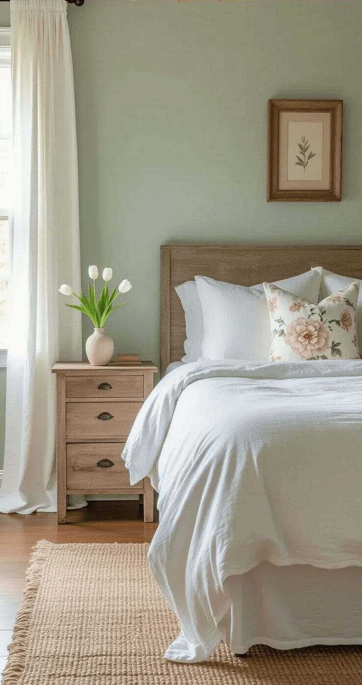 Serene bedroom sanctuary illuminated by soft afternoon light, featuring a queen-sized bed with white linen bedding and a blush floral accent pillow, a vintage nightstand with a ceramic vase of white tulips, sage green walls, oak floors, and flowing white curtains, complemented by rustic elements like a reclaimed wood frame and woven jute rug.