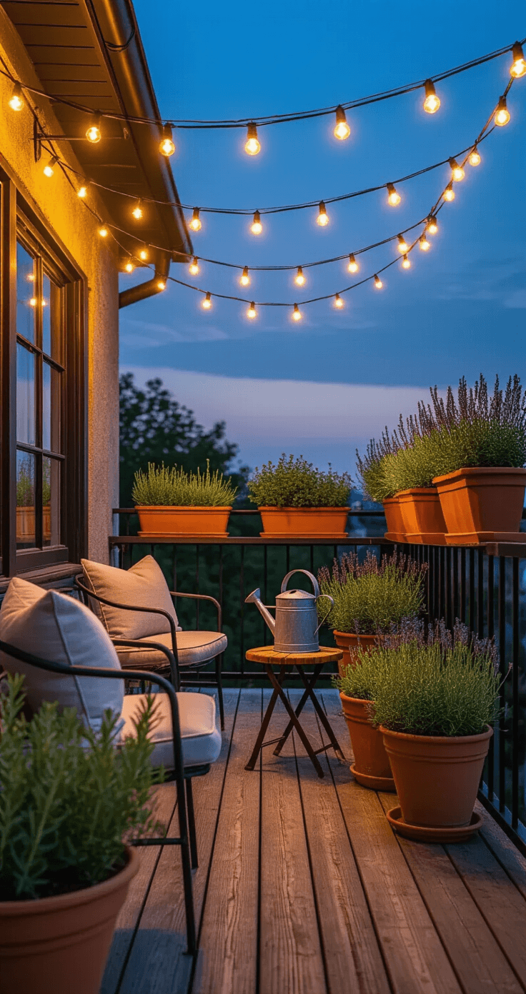 Intimate balcony scene at twilight featuring a cozy arrangement of herb planters, fairy lights, and comfortable seating amidst weathered wood and metal details.