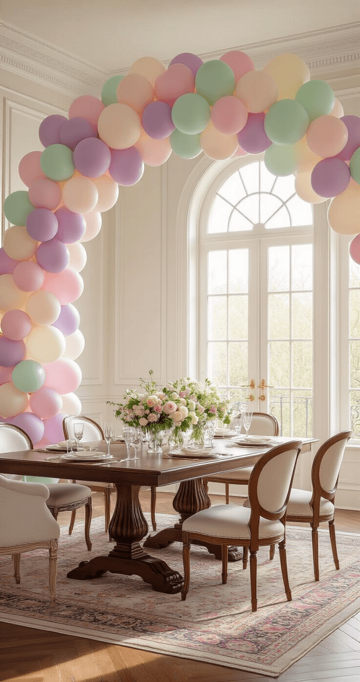 Interior shot of an elegant dining room with a pastel balloon arch framing a mahogany dining table, bathed in warm golden hour light, featuring soft pink, lavender, mint green, and cream balloons, set with white linens, gold accents, crystal glasses, and fresh spring flowers in vases, with hardwood floors and a Persian rug.