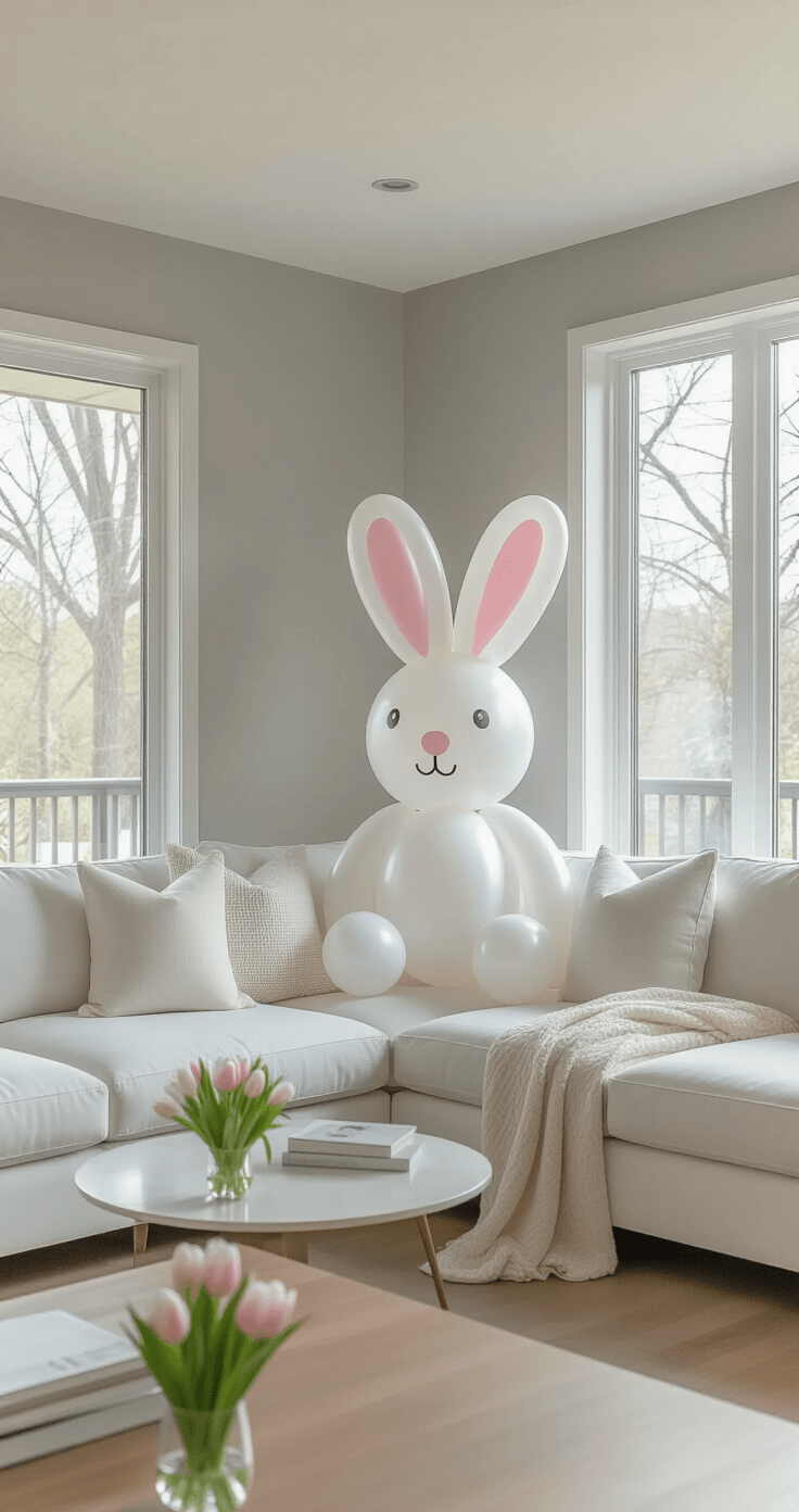 Bright modern living room corner featuring a playful Easter bunny balloon sculpture beside a contemporary white sectional sofa, with natural afternoon light, light oak hardwood floors, and a soft gray accent wall, creating a sophisticated yet family-friendly atmosphere.