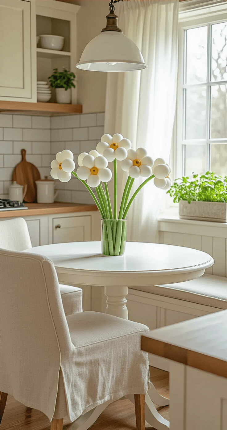 Charming breakfast nook adorned with five-petal balloon flowers on chair backs, illuminated by soft morning light filtering through sheer white curtains, featuring a round white pedestal table and natural linen dining chairs, with a kitchen backdrop of subway tile and butcher block countertops, fresh herbs on the windowsill, and a vintage pendant light, capturing a cozy farmhouse elegance.