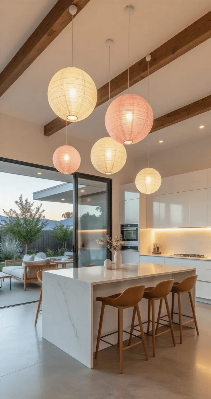 A modern open-plan kitchen and living area featuring delicate thread-wrapped balloon spheres in cream and soft pink, suspended from an exposed beam ceiling. The contemporary space showcases a white kitchen island with waterfall quartz countertops, natural wood and leather bar stools, and mid-century modern furniture in warm neutrals. Ambient lighting from pendant lights and under-cabinet LED strips enhances the sophistication of the polished concrete floors and large sliding glass doors leading to an outdoor patio. Captured with a wide-angle lens for a full view of the elegant design flow.
