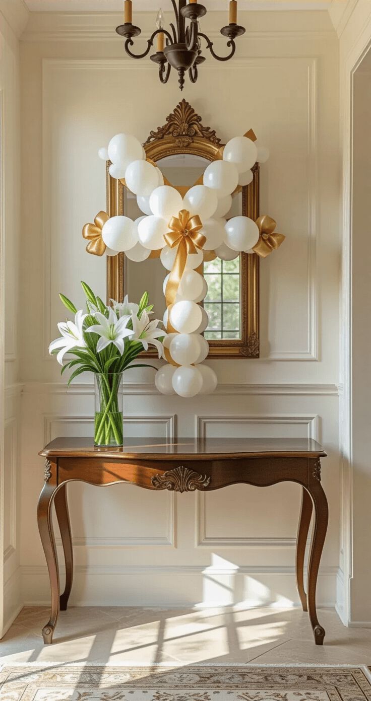Elegant entryway foyer featuring a white and gold balloon cross arrangement on a cream shiplap wall, illuminated by warm afternoon light from a transom window, with a walnut console table, white lilies in a glass vase, a vintage brass mirror, and a wrought iron chandelier, all set against traditional wainscoting and travertine tile flooring.