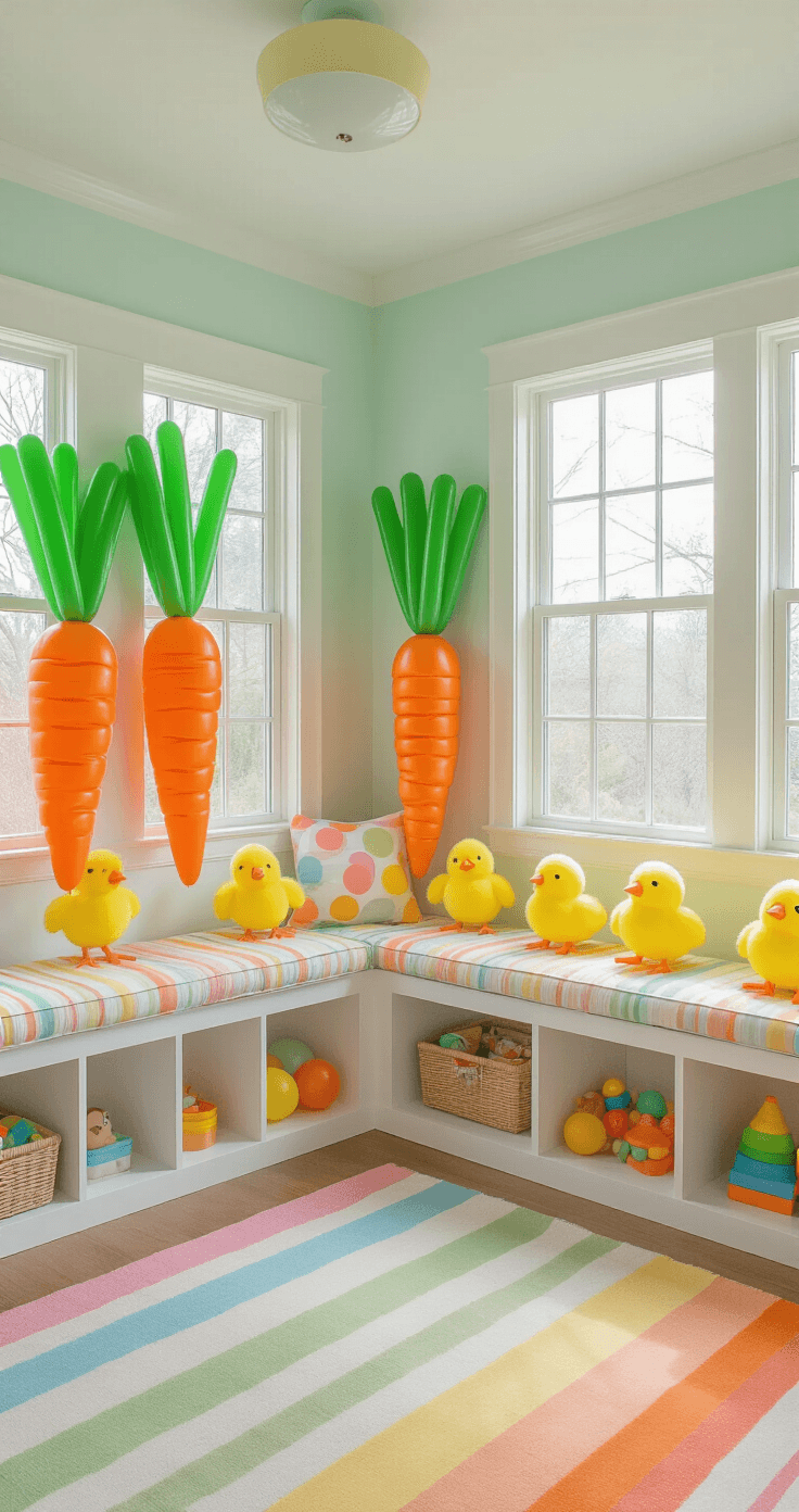 A whimsical playroom corner for children featuring balloon carrot sculptures and baby chick shapes, bright midday lighting from multiple windows, colorful pillows on a white storage bench, a rainbow striped rug, organized toys in cubbies, soft mint green walls with white trim, and a cheerful ceiling fixture, all creating a joyful Easter celebration atmosphere.
