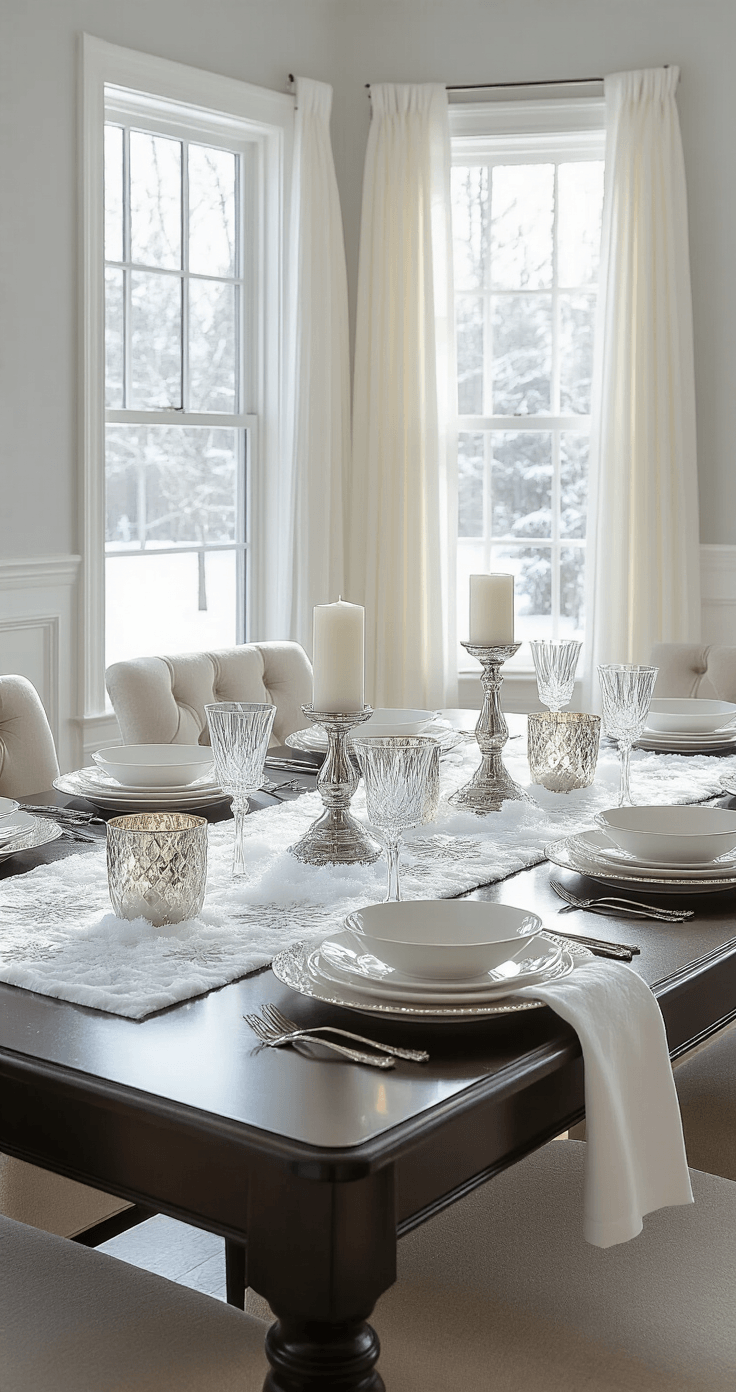 A photorealistic wide-angle shot of an elegant dining room with a winter snow theme, featuring a dark walnut dining table set with ivory dinner plates, crystal stemware, and votive candles, all illuminated by natural light and warm candlelight. The room has white wainscoting, gray walls, and a large bay window with sheer curtains, creating a serene atmosphere.
